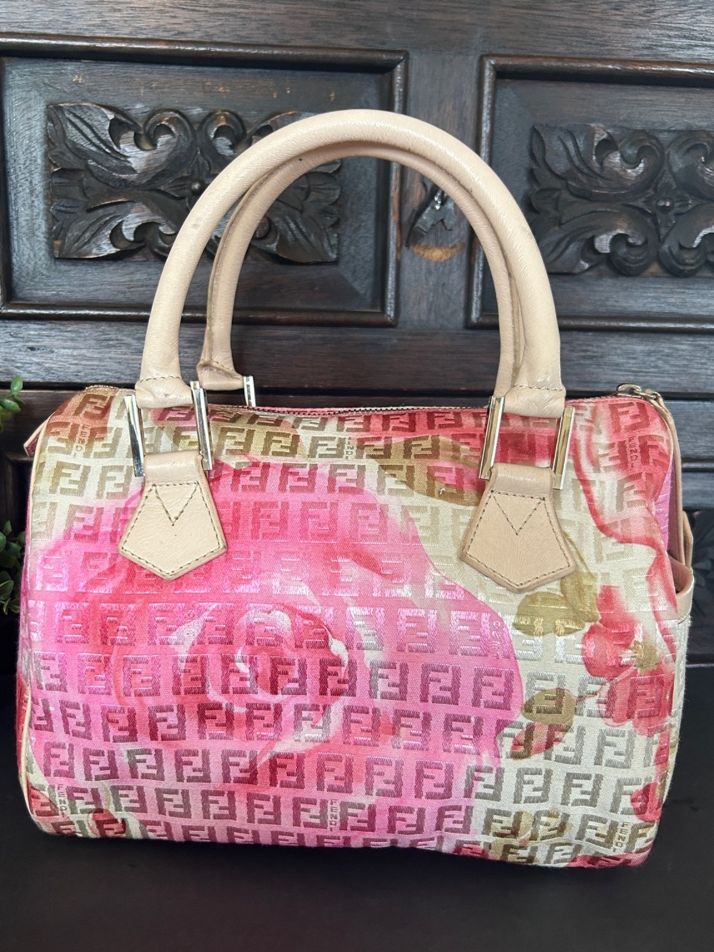Beautiful Pink Floral FF Canvas Satchel with Beige Leather Handles